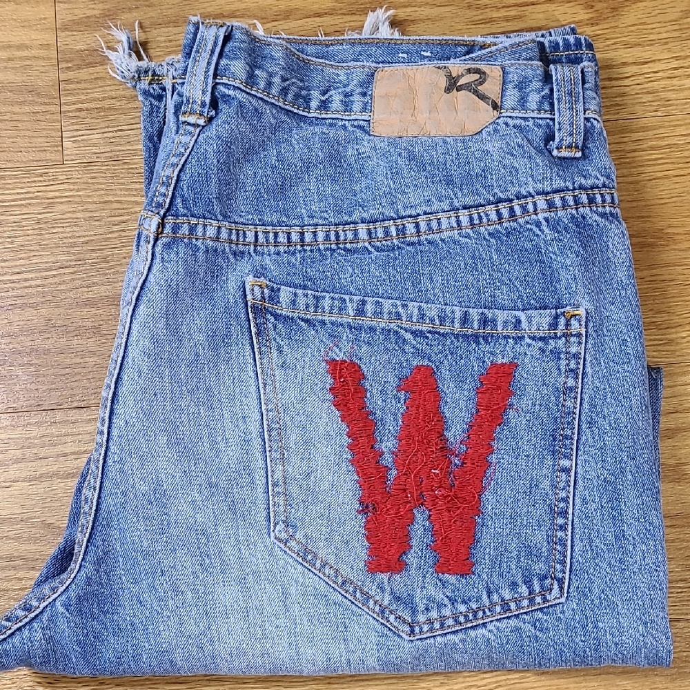 ROCAWEAR 40x30 VITAGE MENS PRE-OWNED DISTRESSED FADED WIDE LEG DENIM BLUE JEANS